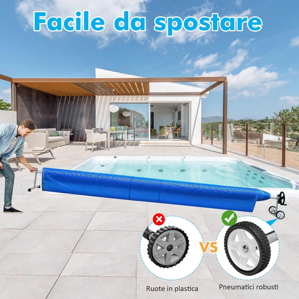 Rullo Avvolgitore per Piscina, Avvolgitore Telo Piscina 7 M Regolabile con Ruote in Gomma, Avvolgitore per Piscina in Alluminio