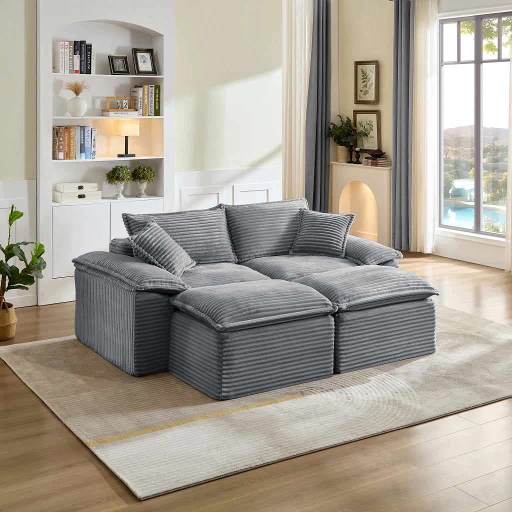 Divano a 2 posti con pouf in velluto a coste, seduta profonda e schiuma ad alta resilienza, salvaspazio grigio