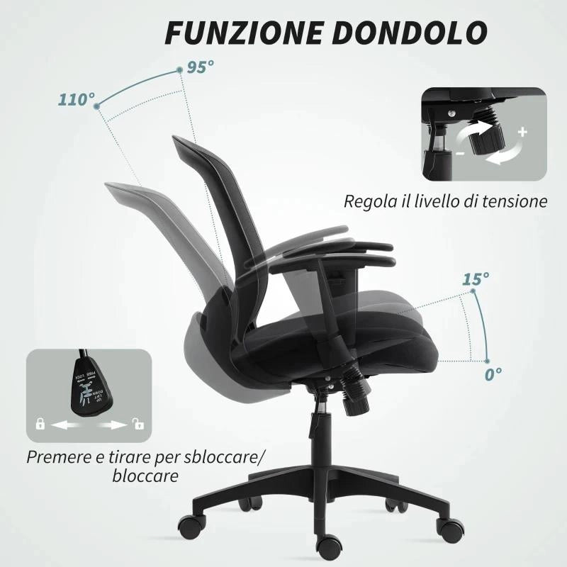 SEDIA DA UFFICIO TRASPIRANTE E RECLINABILE AD ALTEZZA REGOLABILE, IN TESSUTO A RETE, 65X59X92.5-102.5 CM, NERO