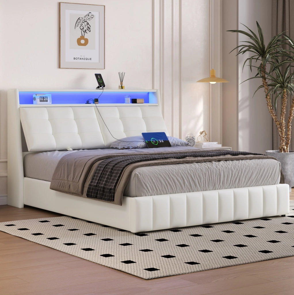 Letto imbottito 160x200 cm con contenitore; LED e USB in PU bianco