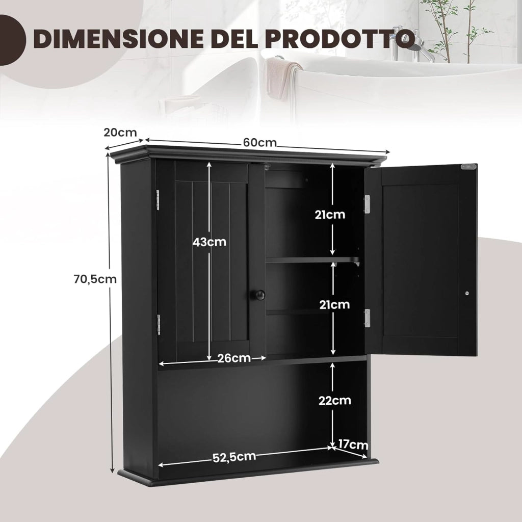 Mobiletto Pensile da Bagno, Mobile Armadietto Bagno sospeso con 2 Porte, Armadietto a Muro delle Medicine, Mensola Regolabile, Capacità di 30 kg (Nero)