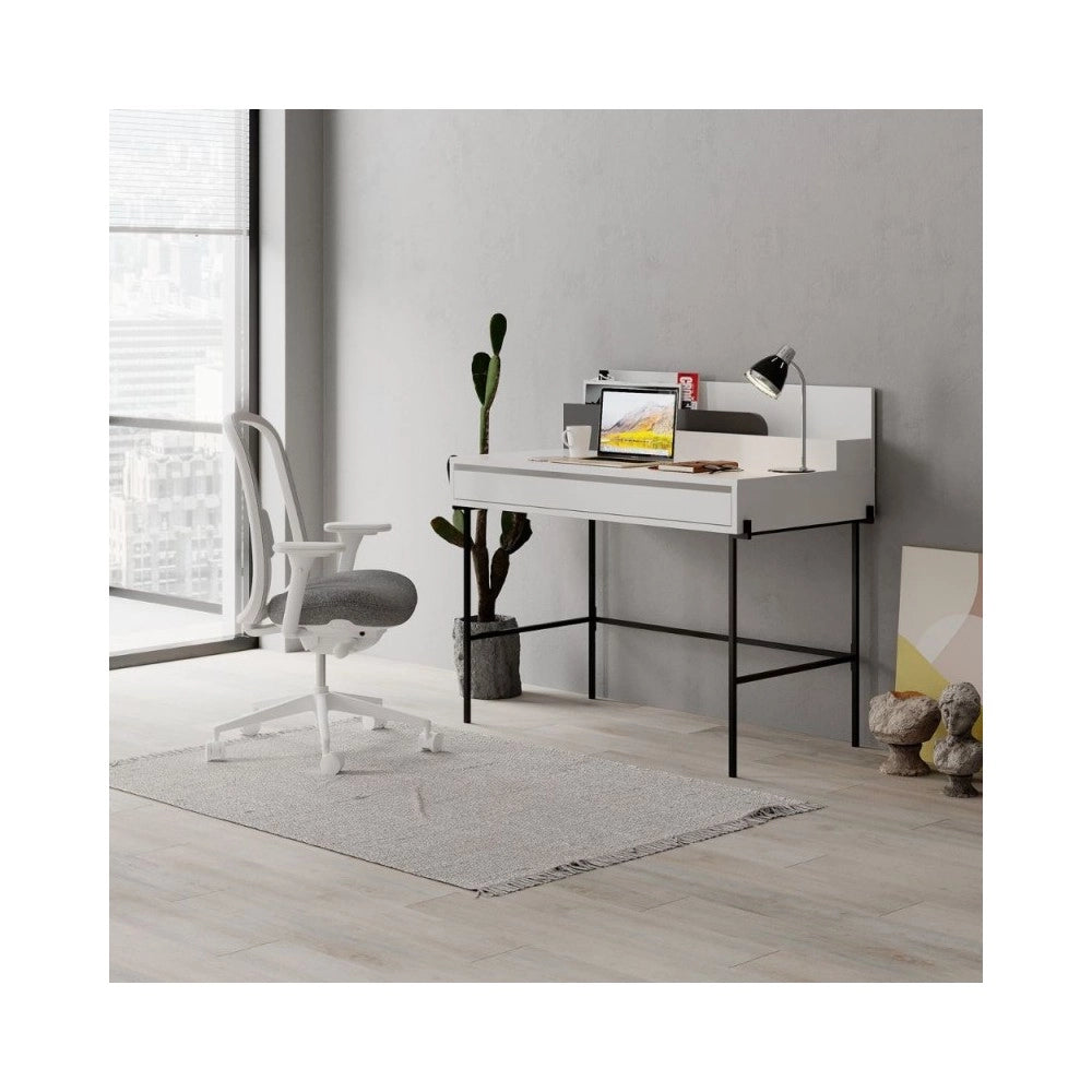 Scrivania bianco con dettagli antracite e gambe nere Leila 110x60x101