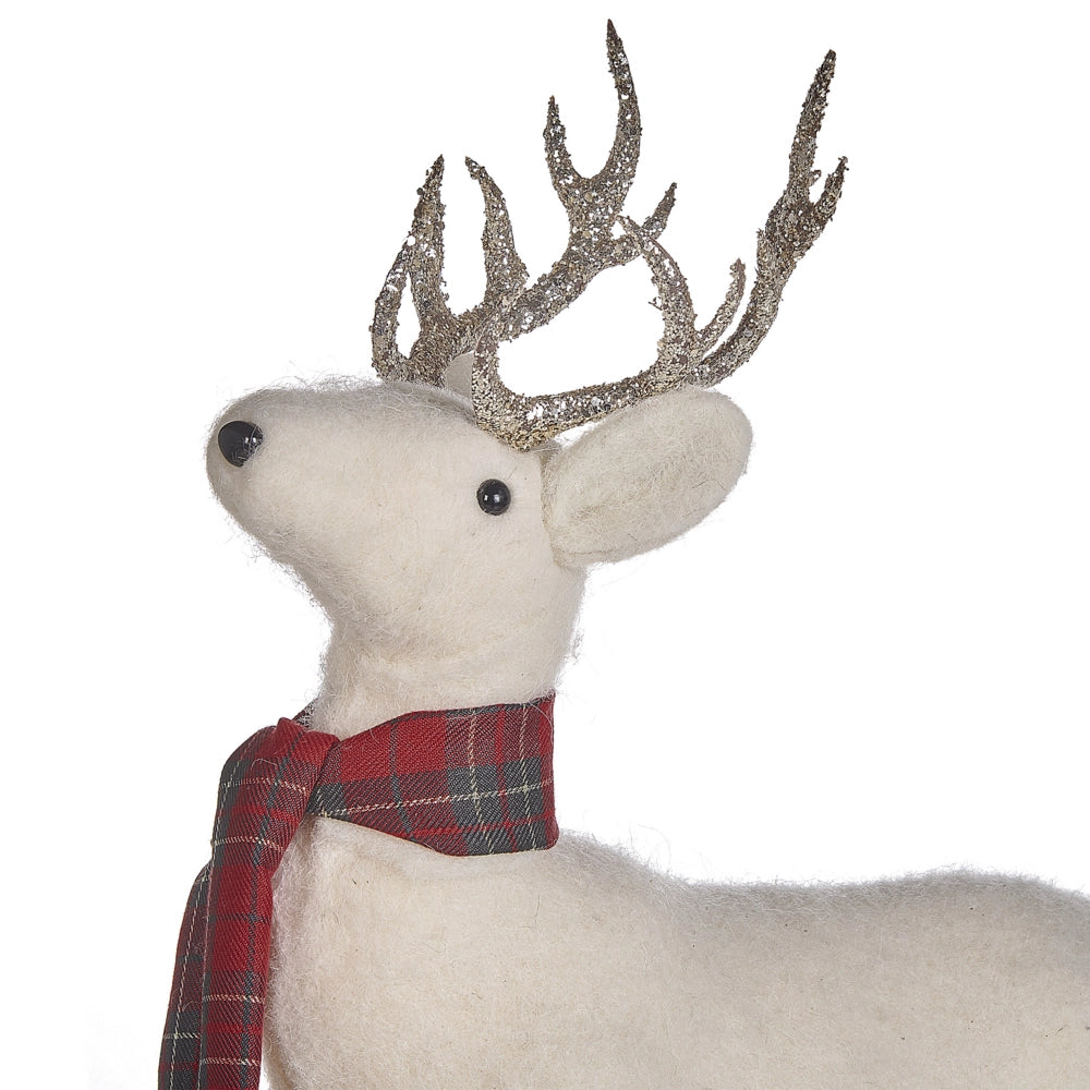 Figura decorativa renna ecopelle bianco argento rosso verde 48 cm natale soggiorno