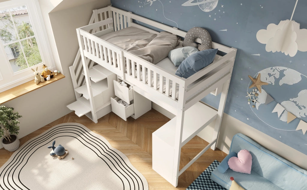 LETTO a soppalco 90x200 cm bianco con scala-armadio e scrivania angolare