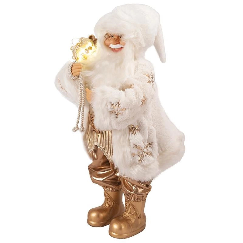 BABBO NATALE A PUPAZZO COLORE ORO BIANCOCON SACCO E 12 LED H62 CM