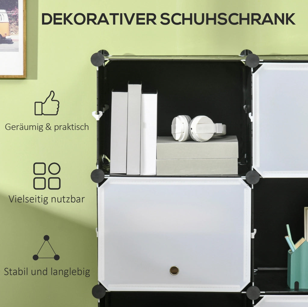 Scarpiera modulare 125x32x125 cm in plastica nera e bianca， 12 cubi