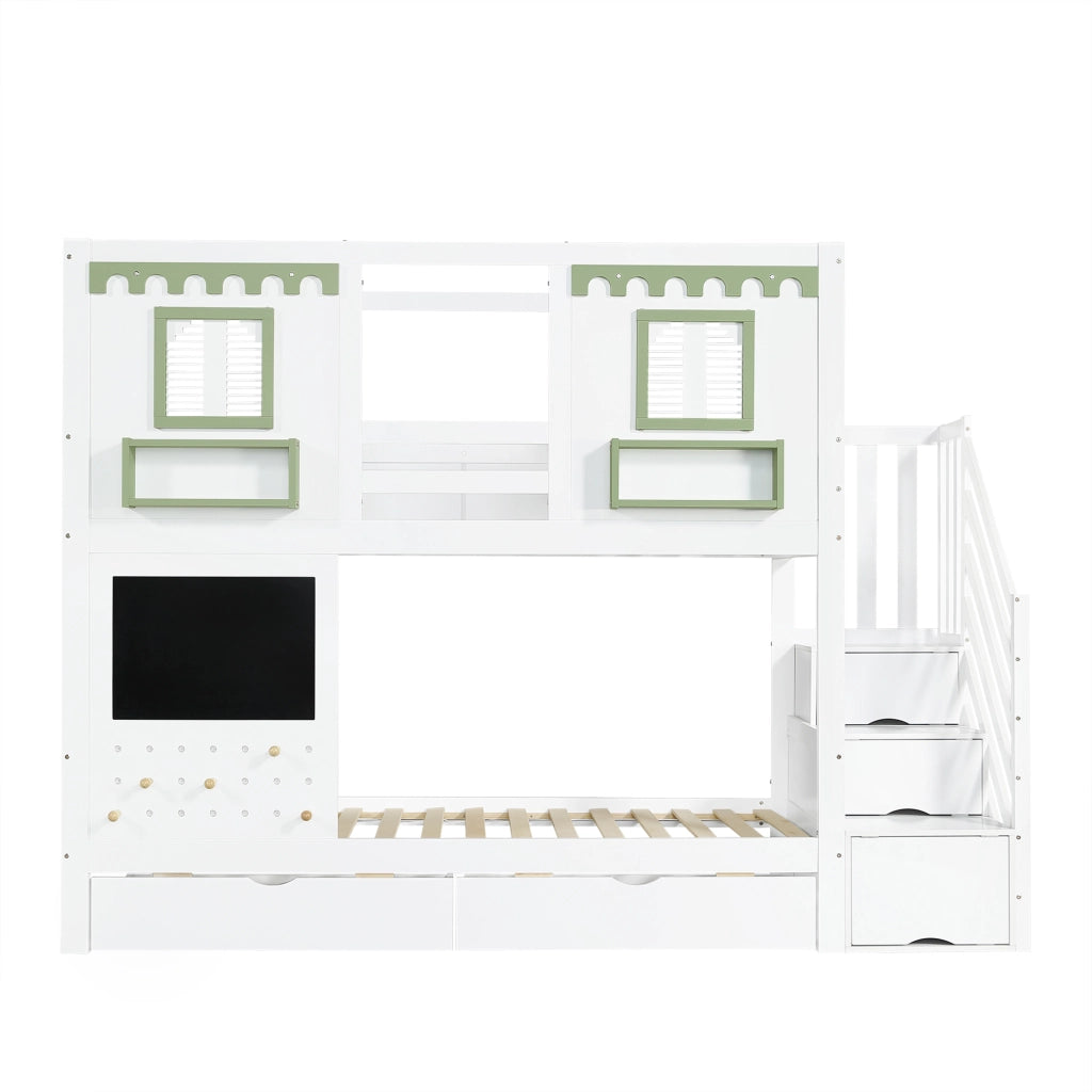Letto a castello per bambini - Zephmum - 90x200 cm - Bianco+Verde - Con tavolo, ganci, cassetti e armadio