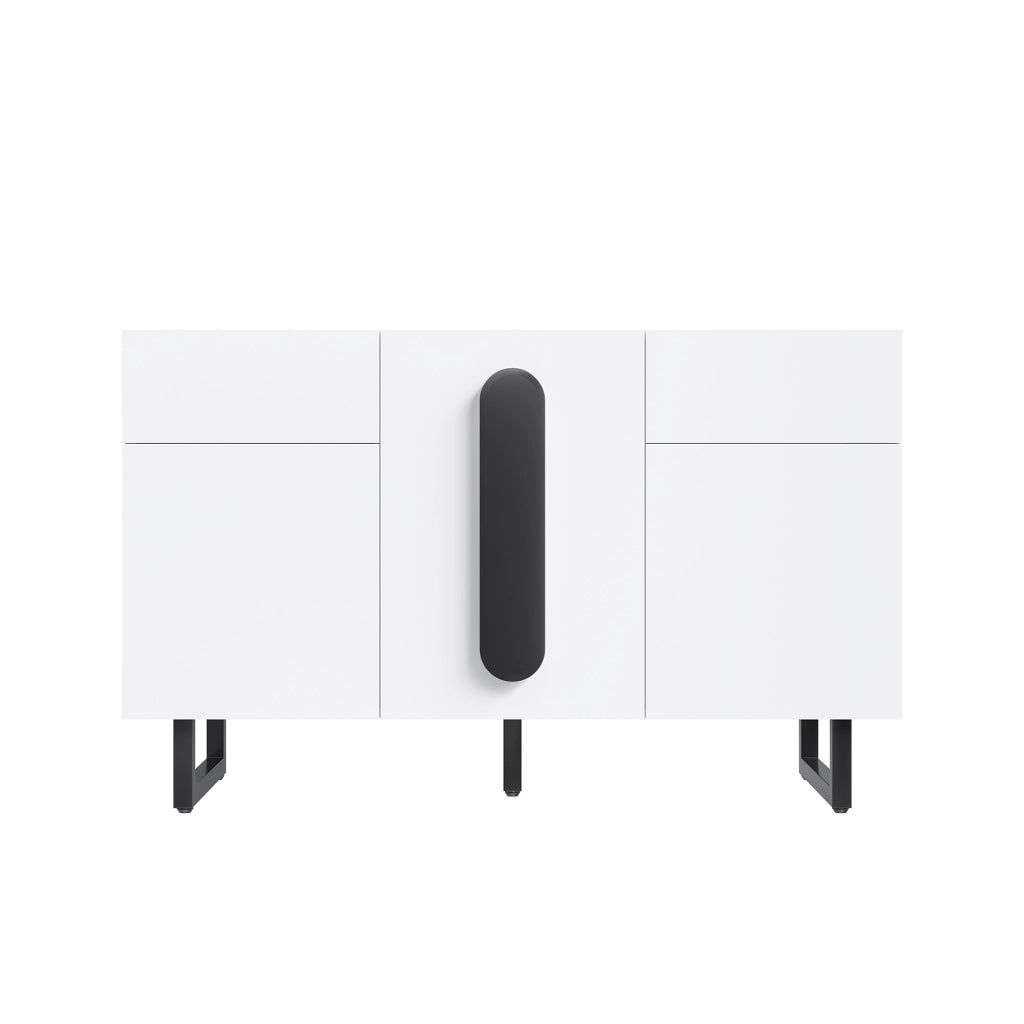 Credenza 120 cm ¨C Xylo ¨C Bianco con Maniglie Nere, Cassetti, Ante e Gambe in Metallo