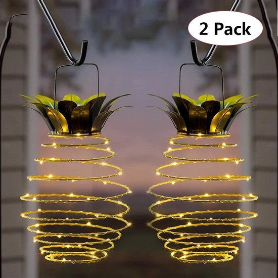 Set di 2 lampioni solari appesi per esterno - Lampada solare idrorepellente a forma di ananas con 60 LED per giardino, cortile, veranda, prato, giardino posteriore, vialetto, terrazza e giardini esterni.