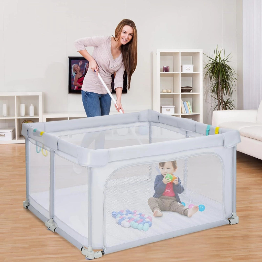 Recinto per Bambini, Box Pieghevole per Bambini con Rete Traspirante, Centro Attività per Neonati con 50 Palline, Box Giochi per Bambino 0-3 Anni (Grigio, ‎124 x 124 cm)