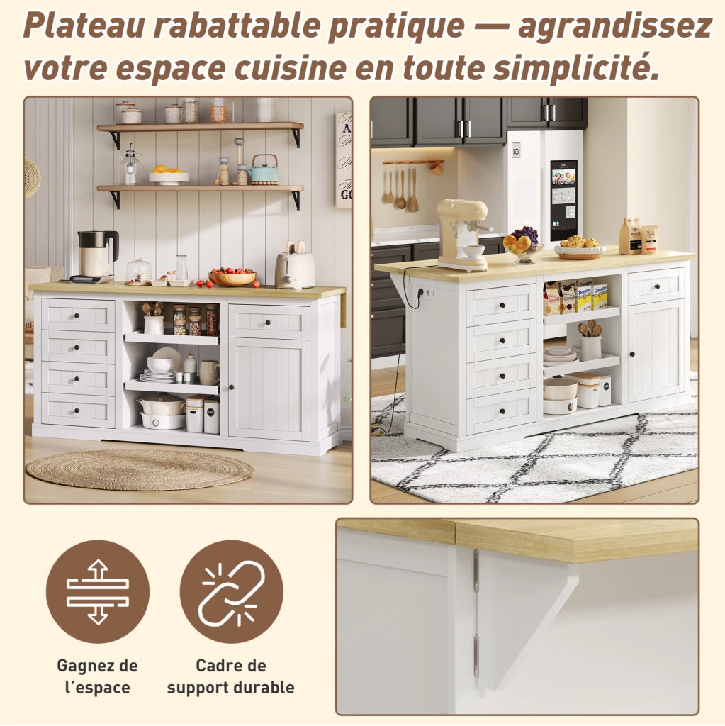 Sideboard bianco multifunzione con 5 cassetti, 2 ripiani estraibili e piano allungabile, 150×65×75 cm