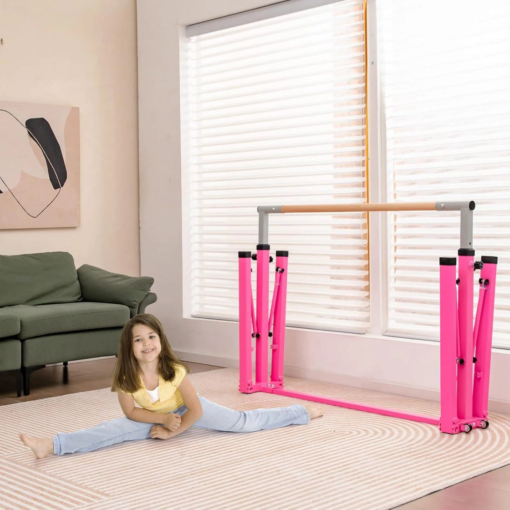 Barra per Ginnastica e Danza per Bambini e Bambine Pieghevole e Portatile, Sbarra Parallela in Metallo e Legno con 13 Altezze Regolabili, Ruote e Cuscinetti Antiscivolo, Portata 100 kg