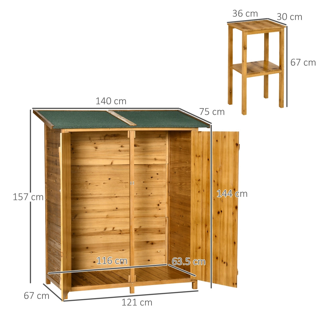 EasyComfort Casetta da Giardino in Legno a 2 Ante con Sgabello Alto a 2 Ripiani e Tetto Idrorepellente, 140x75x157 cm