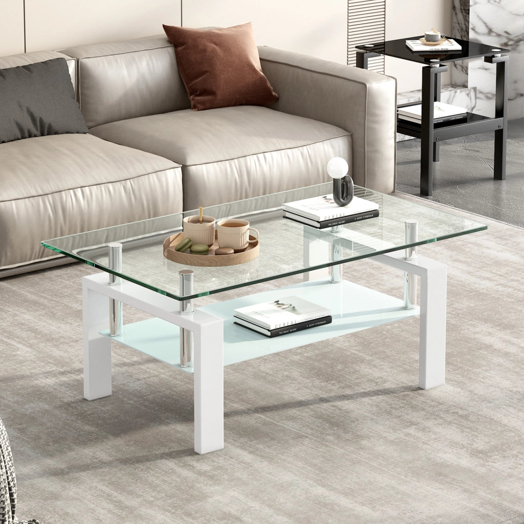 Tavolino da caffè a 2 ripiani per soggiorno in vetro e metallo bianco 100×60×44 cm