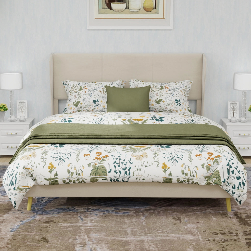 Letto Matrimoniale 140x200 cm in Tessuto e Metallo; Beige - Testiera Imbottita