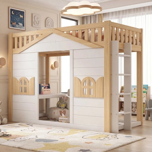 Letto a castello casetta per bambini 90x200 cm LEMONMAX, con finestra, scala reversibile e angolo giochi, legno di pino e MDF, bianco e naturale