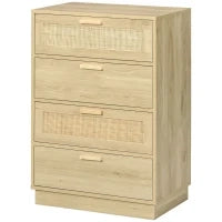 Cassettiera Design Bohémien in Rattan con 4 Cassetti, Mobile Guardaroba per Soggiorno, Corridoio, Ingresso, Legno Naturale