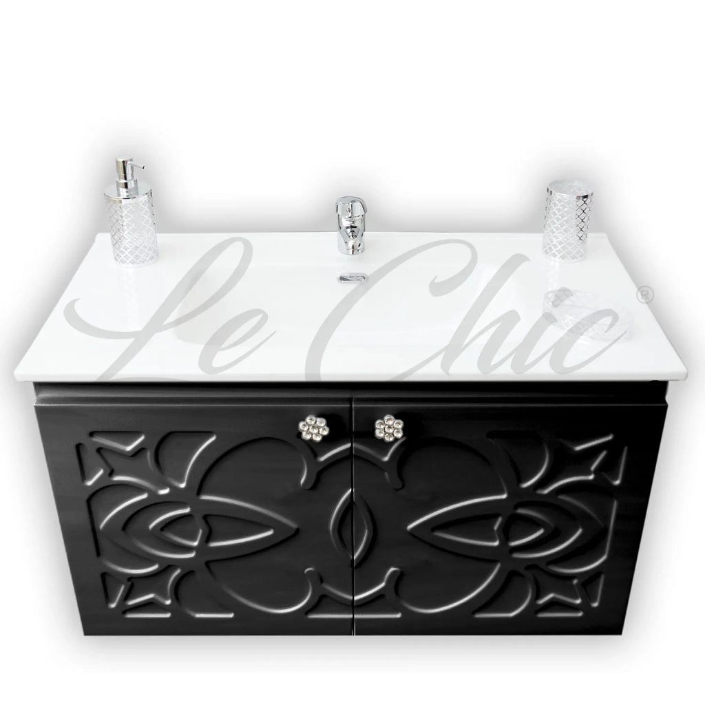 Mobile bagno nero sospeso stile Luxury con colonna - 120 cm, Rettangolare con applique