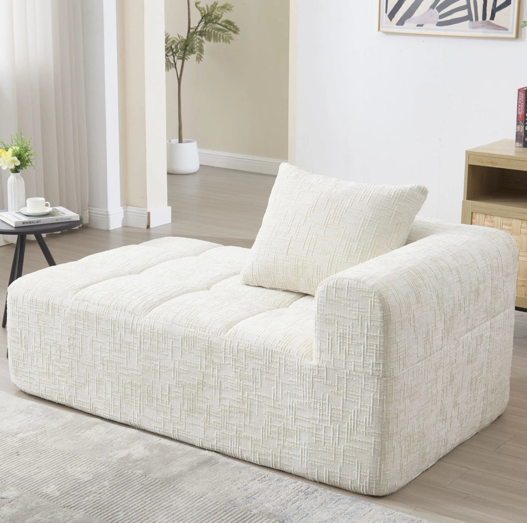 Chaise longue 158x90x60 cm con tasche laterali e cuscino in chenille beige