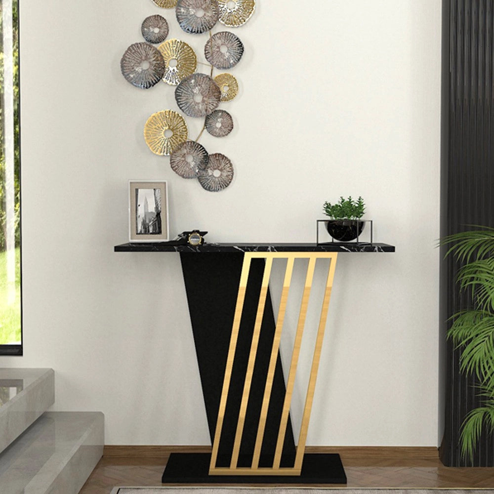 Consolle ingresso Gravity Effetto Marmo Nero con Struttura Nera e Dettagli Oro