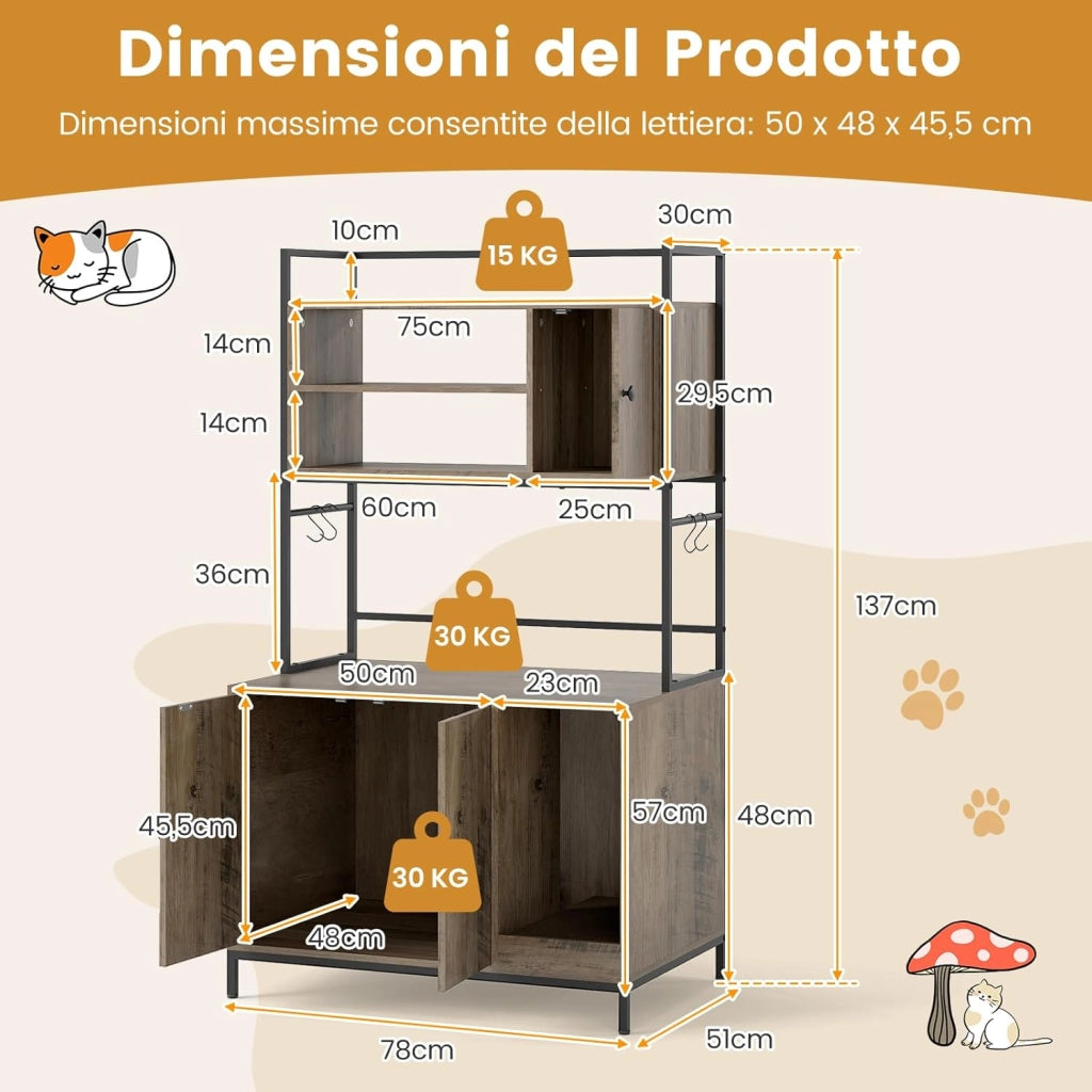 Mobile Lettiera per Gatti con Ripiani Portaoggetti, Armadietto per Gatti con Ganci, Struttura in Metallo e Tavola da Graffiare, Mobiletto per Gattini in Legno Moderna per Interni