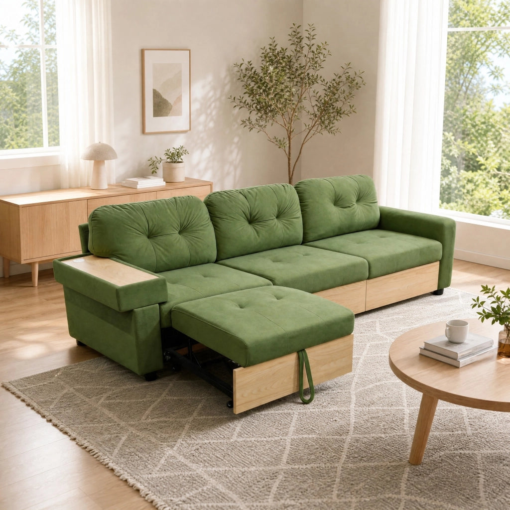Divano angolare modulare con chaise longue, contenitore e USB in velluto verde