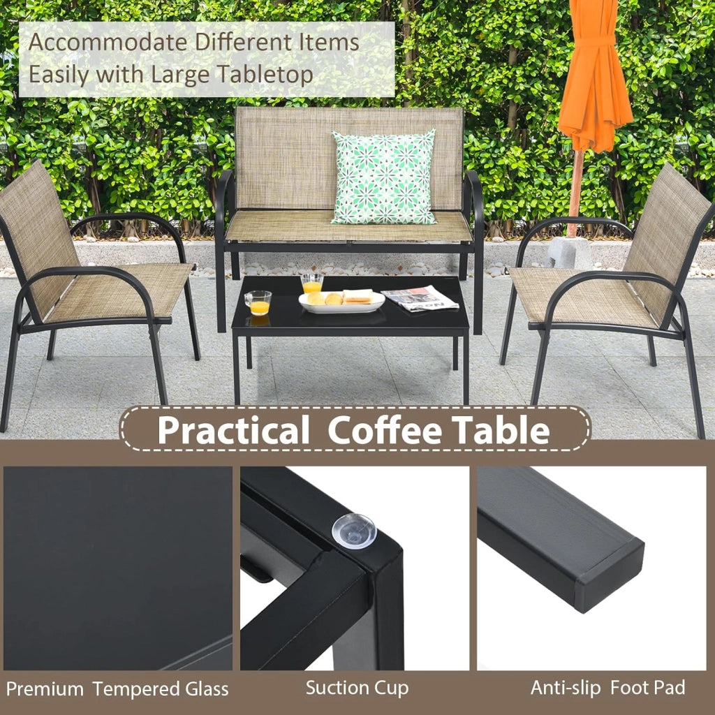 Set di 4 mobili da giardino per 4 persone, set da giardino con 2 sedie e 1 panca e 1 tavolino da caffè, set di mobili da terrazza per piscina, cortile (marrone), QF54737IBDE