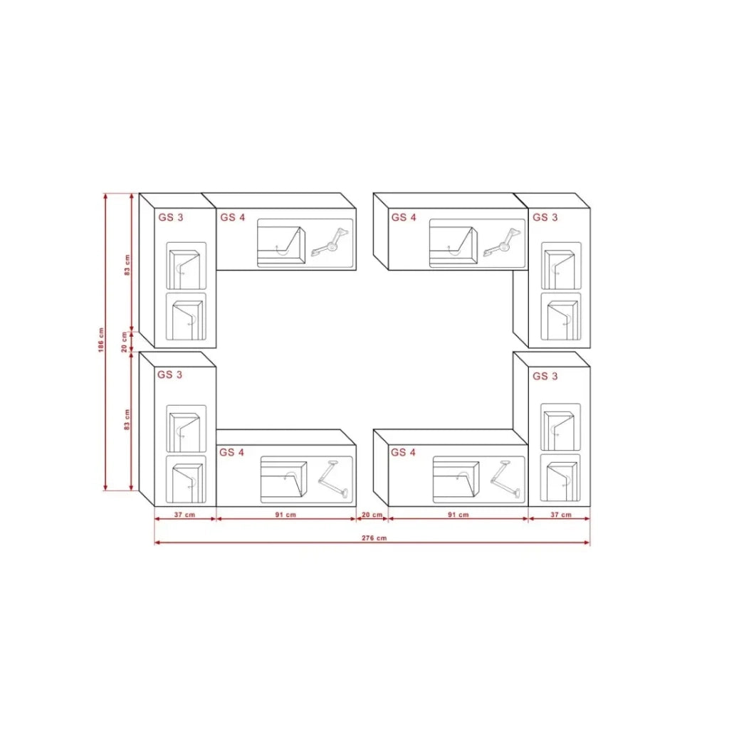 Set di mobili da soggiorno bianchi sospesi collezione CEPTO XX 276cm, 8 pezzi, con LED, modulari.