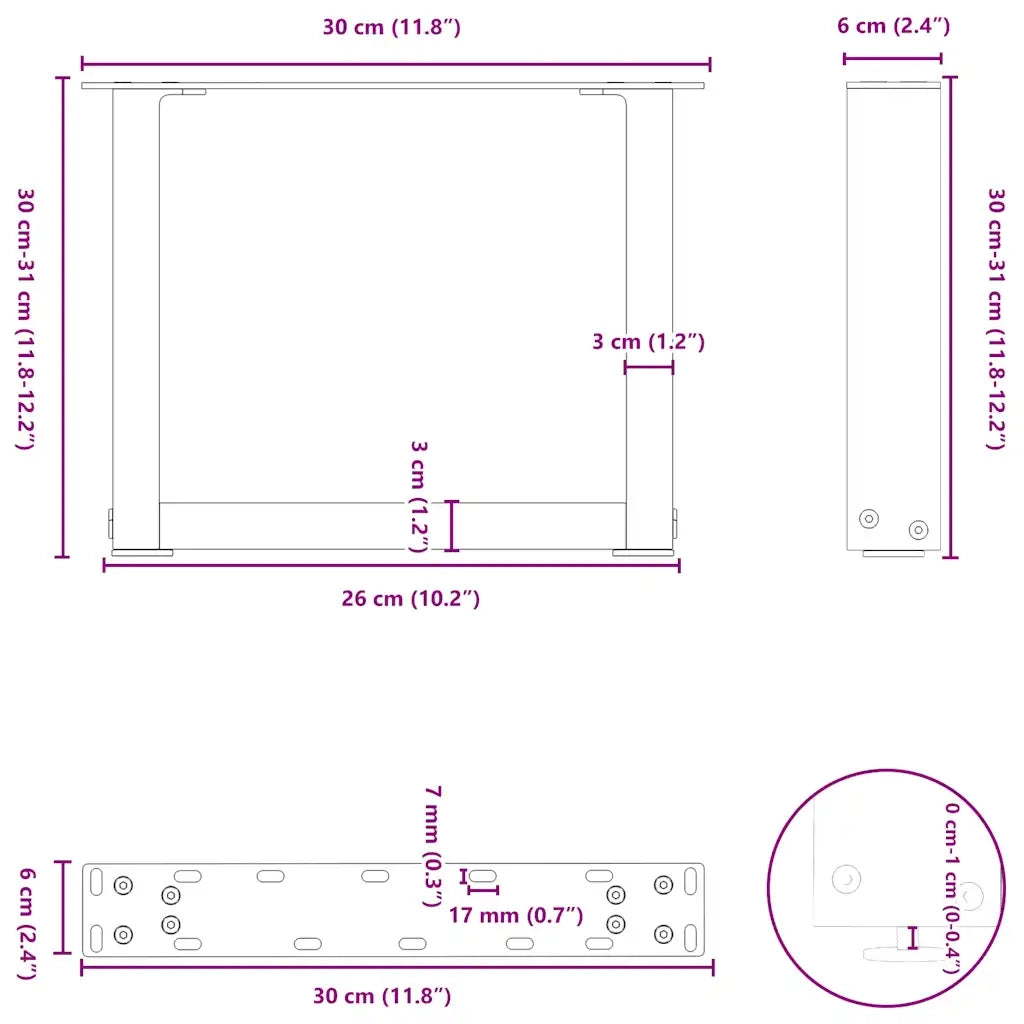 Gambe per Tavolino da CaffÃ¨ a Forma di U 2 pz Acciaio Naturale 30x(30-31) cm Acciaio