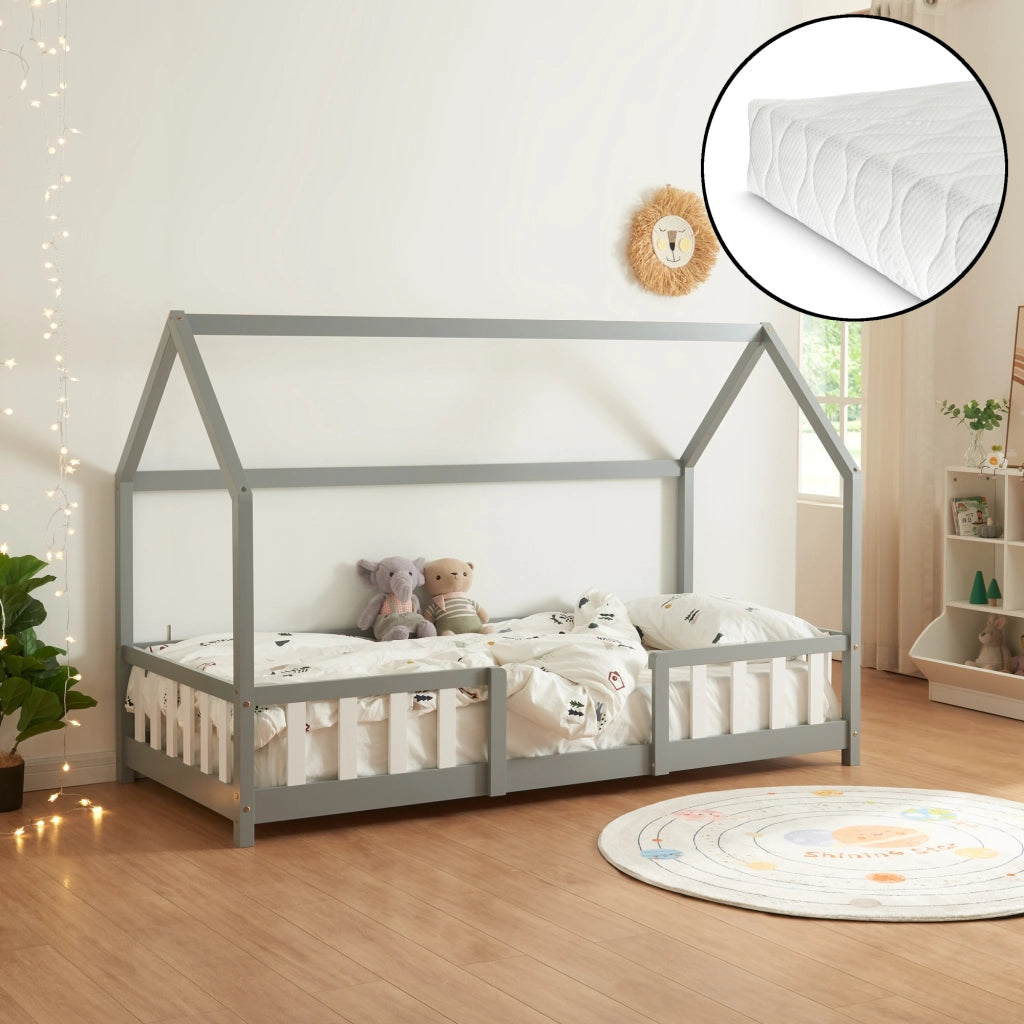 Letto per Cameretta Sisimiut a Forma di Casetta con Materasso 90x200 cm Grigio chiaro / Bianco [en.casa] [neu.haus]