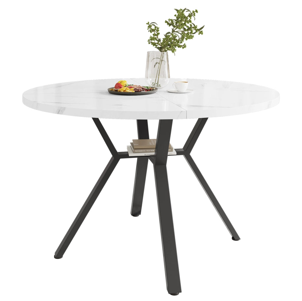 Tavolo da pranzo rotondo 100 cm effetto marmo bianco con base a X nera
