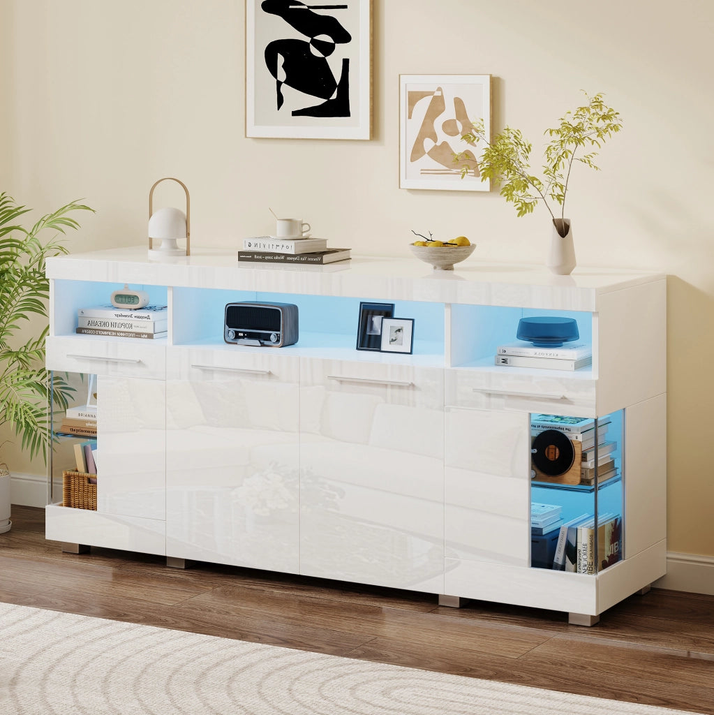 Credenza bianca 140x40x70 cm con LED integrato e ante in vetro temperato