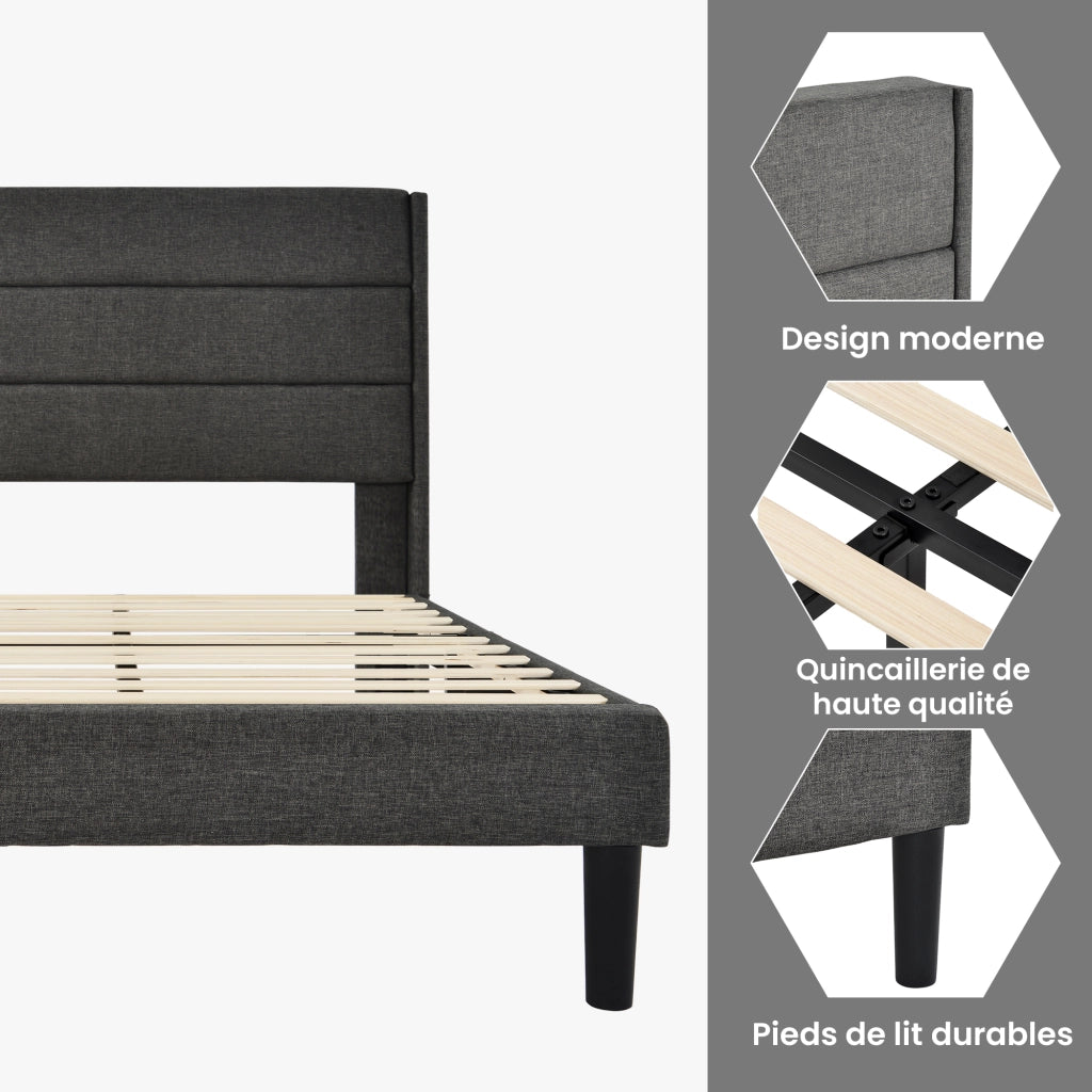 Letto Singolo 90×200 cm; 1 Posto con Testiera Imbottita; senza Materasso; in Lino; Grigio Scuro