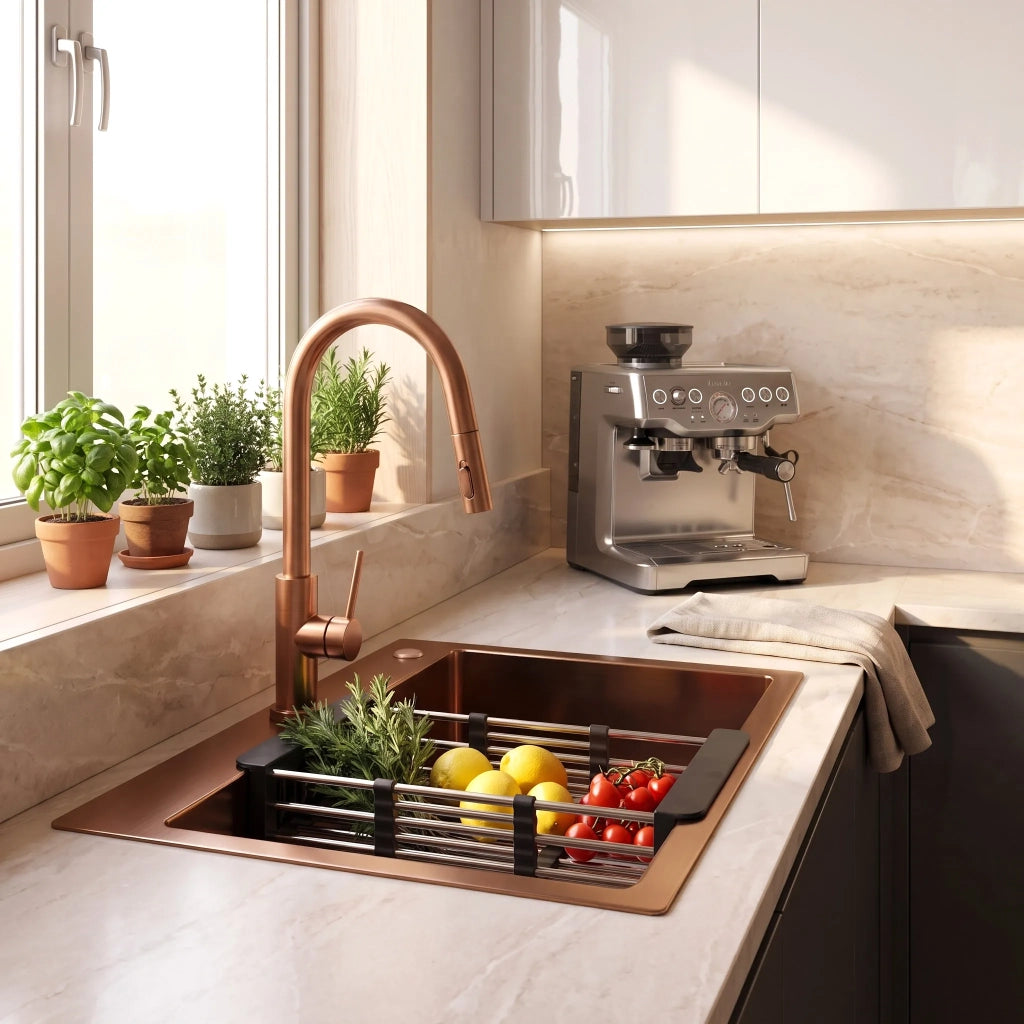 Lavello In Acciaio Con Set Di Accessori 3 Pz. Rea Liam Brush Copper Accessori beige