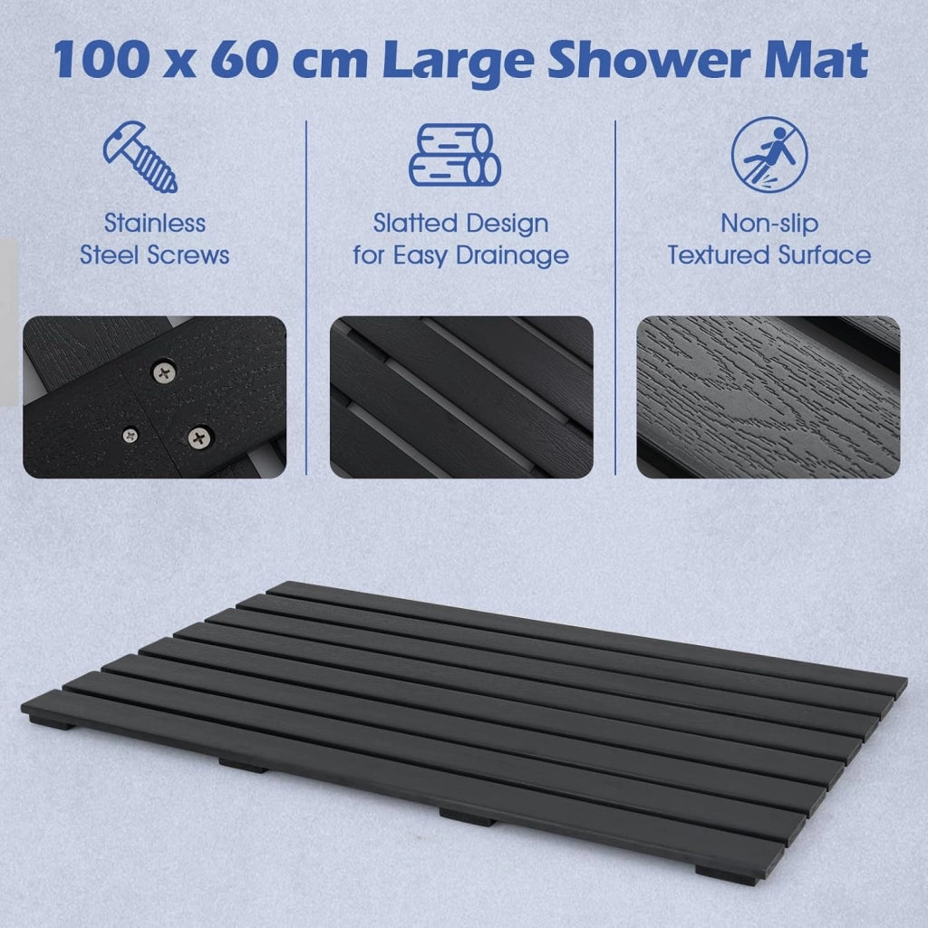 Tappetino doccia antiscivolo, griglia per esterni e interni, 100 x 60 cm, materiale WPC impermeabile e robusto, finitura effetto legno, carico 150 kg, per bagno, piscina, ingresso, nero