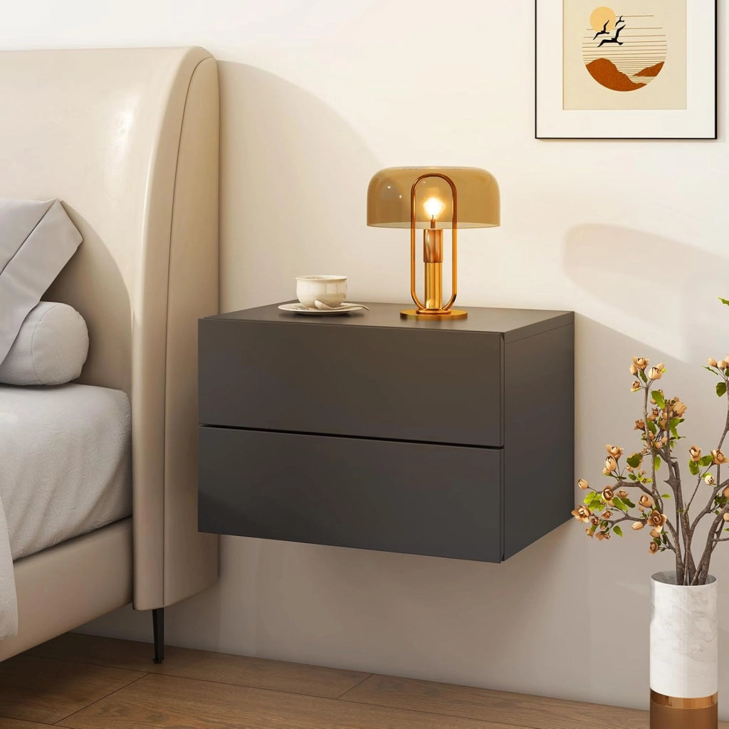 Comodino Camera da Letto Sospeso, Comodino in Legno con 2 Cassetti Salvaspazio, Comodino per Cameretta Moderno da Parete, per Soggiorno, 42 x 30 x 28 cm (Grigio)