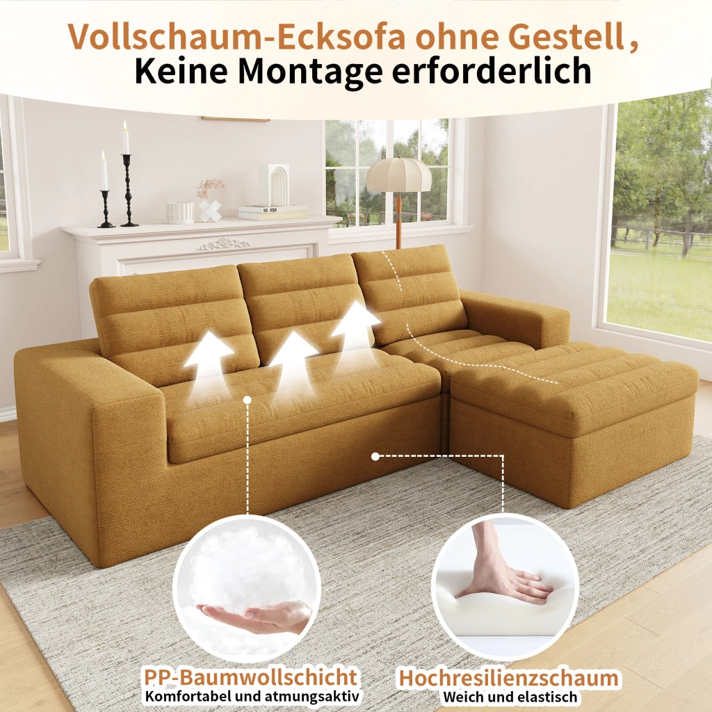 DIVANO Modulare Angolare L 253x161x89 cm Chenille Arancione con Pouf