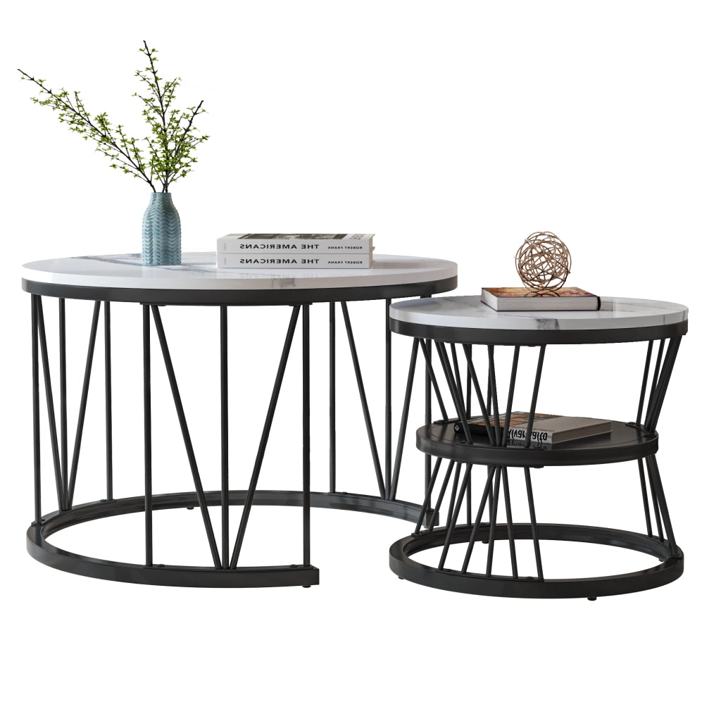 Tavolino da salotto rotondo 70x70x45 cm; set 2 pezzi sovrapponibile; tavolino salotto moderno con struttura in metallo nero e piano effetto marmo nero