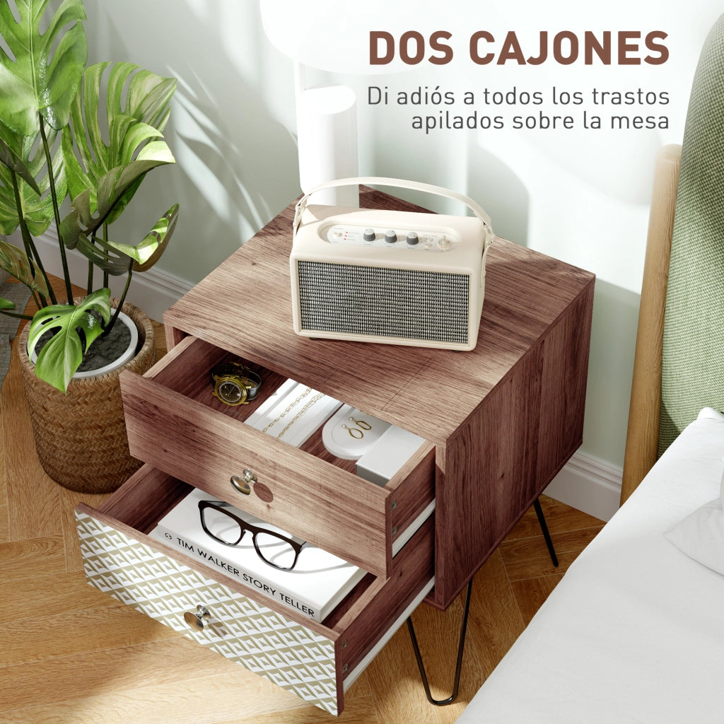 Comodino con 2 cassetti gambe in acciaio stile bohemien ¨C zephmum ¨C Marrone 45x39x55,5 cm
