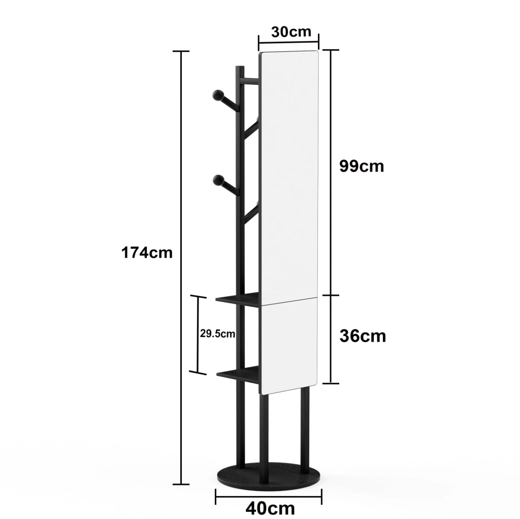 Specchio intero da terra guardaroba 174x40 cm nero girevole 360° con contenitore e ganci