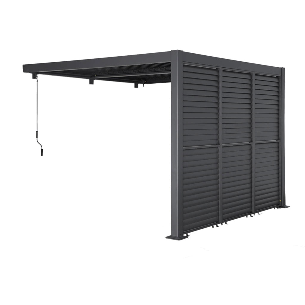 Pergola bioclimatica in alluminio addossata 3x3m + 3 persiane 100cm