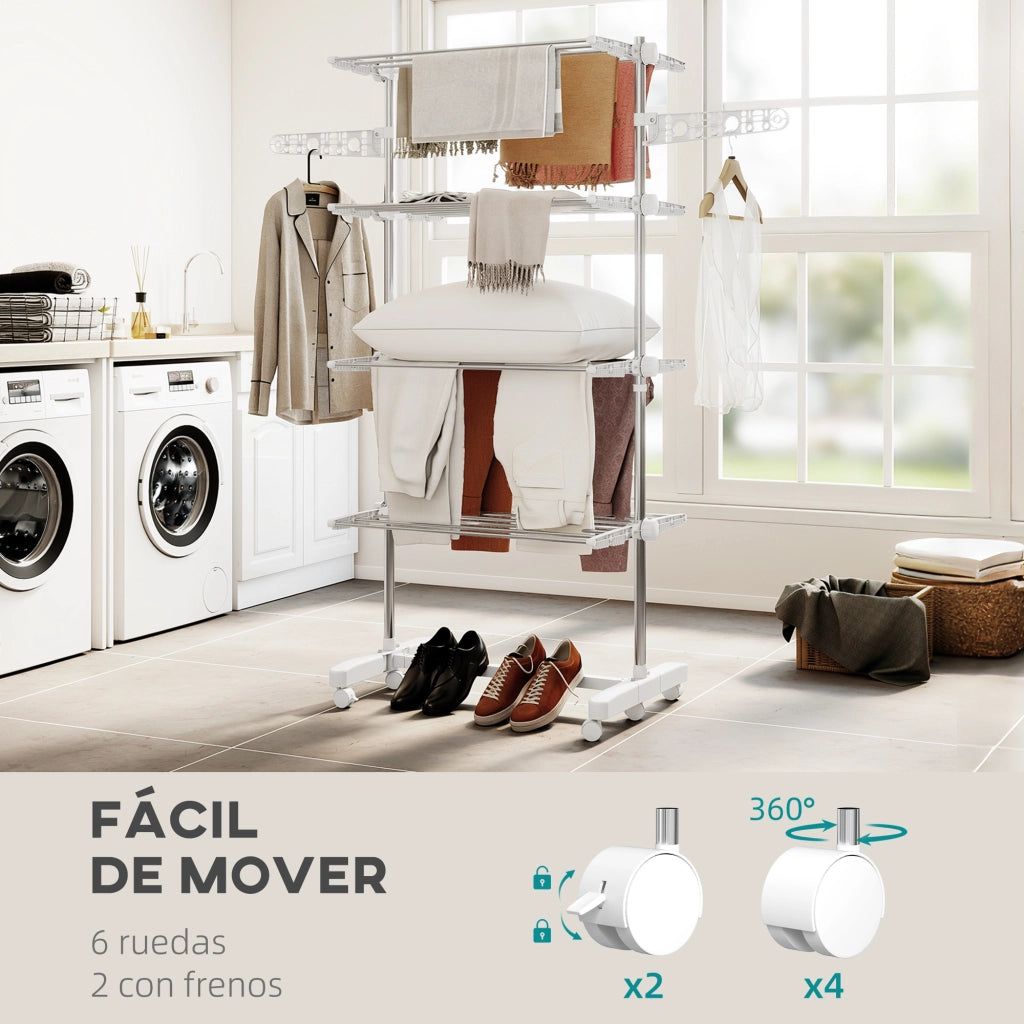 Stendibiancheria Verticale 4 Livelli 6 Ruote 2 Laterali Abatibili ¨C zephmum ¨C Acciaio Inox Argento