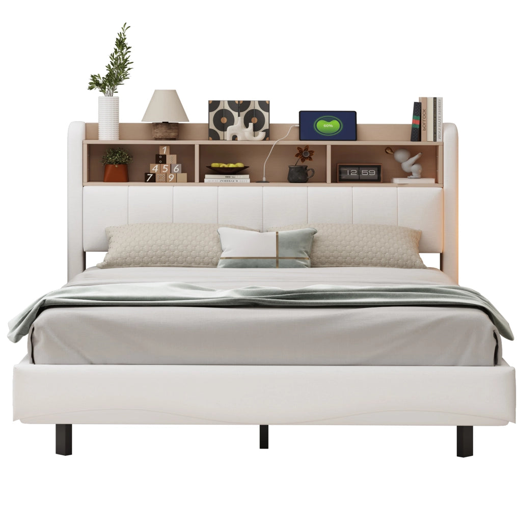 Letto imbottito sospeso 160x200 cm con LED; USB e Type-C; contenitore testiera; beige