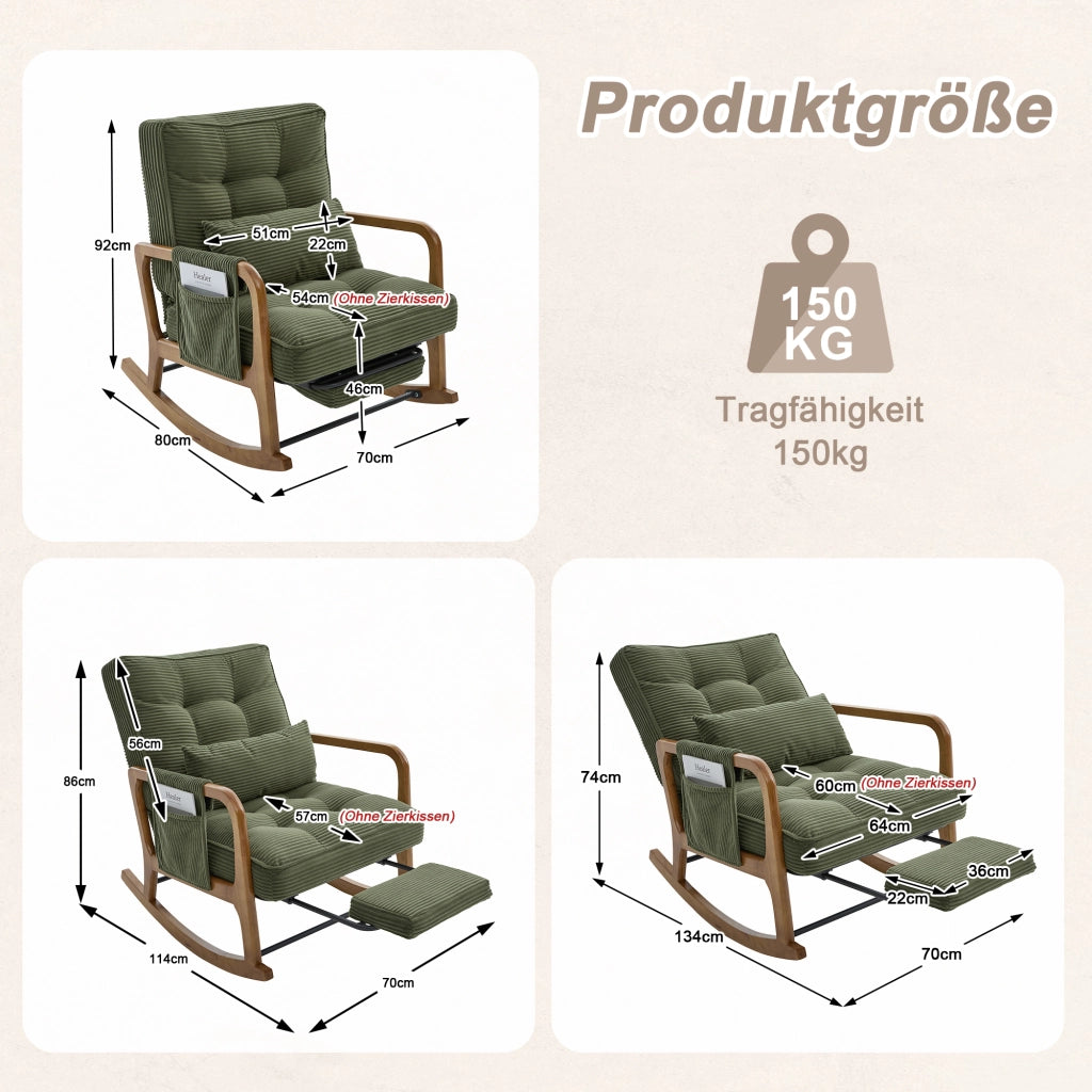 Sedia a dondolo moderna in corda verde con poggiapiedi, tasca laterale e schienale regolabile