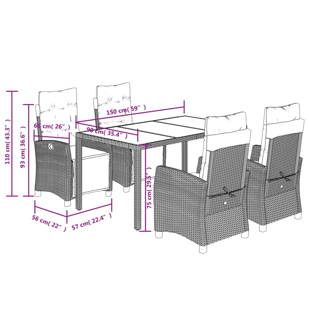Set da Pranzo da Giardino 5 pz Nero con Cuscini in Polyrattan