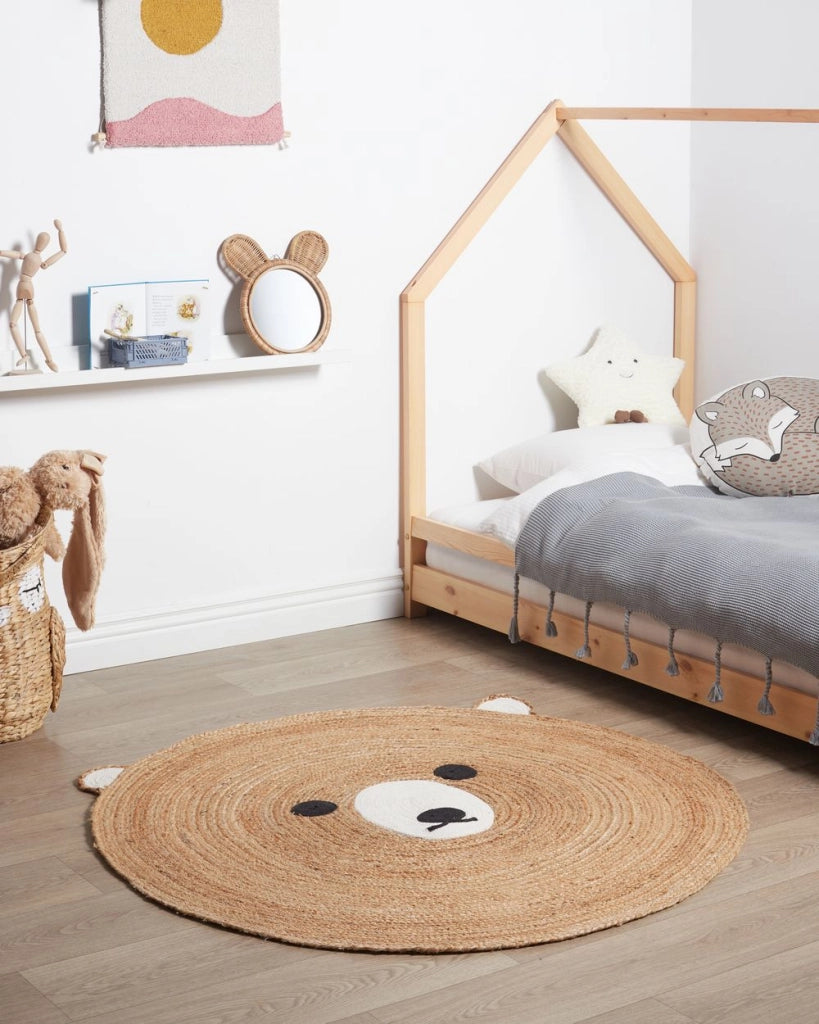 Tappeto Beige Juta ø 120 cm Rotondo Orso decorativo Stile Boho Soggiorno Bambini Camera dei bambini