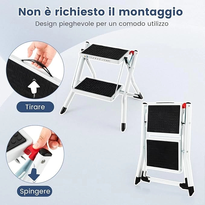 Scaletta con 2 Gradini, Sgabello Pieghevole con Telaio in Metallo, Tappetini e Pedali Antiscivolo, Capacità di Carico di 150 kg, per Casa, Ufficio, Fattoria e Garage