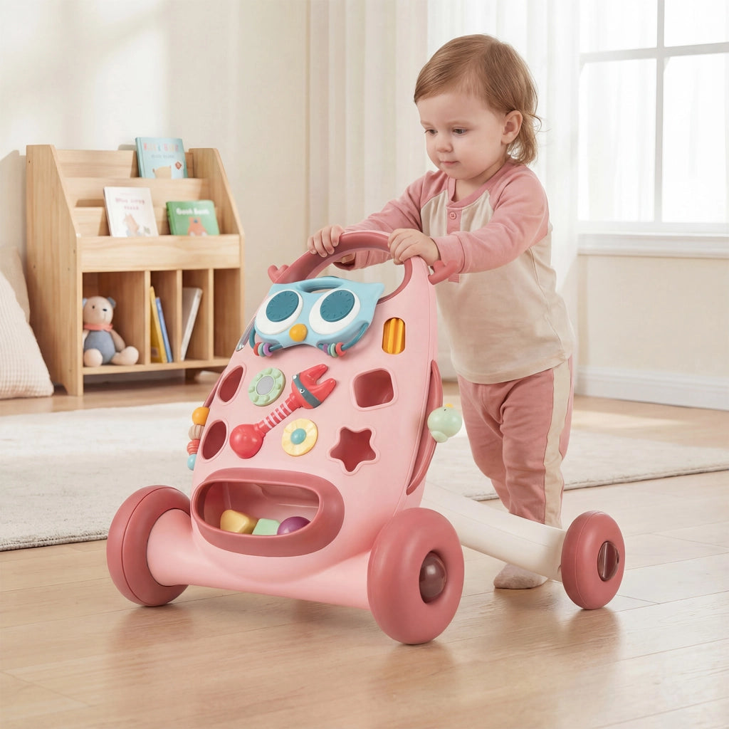 Camminatore montessori pulsante ovale rimovibile gioco forme maracas perline-Camminatore uccellino scorrevole 2 girandole bambini educativo Rosa