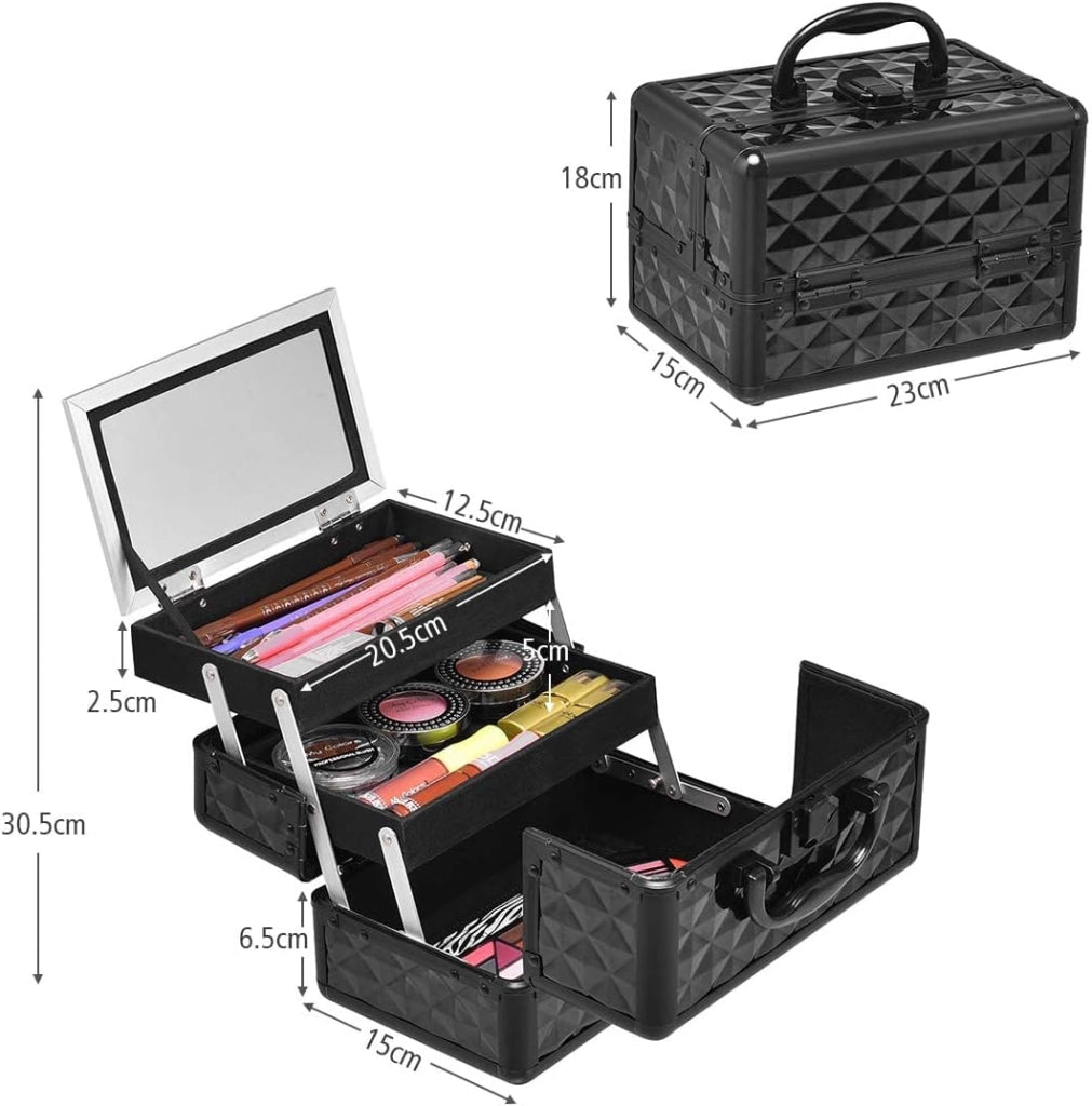 Valigetta per Cosmetici, Scatola Trucchi Professionale, Valigetta per Trucchi, con Specchio, Beauty Case, Pieghevole e Portatile, 23 x 15 x 18 cm