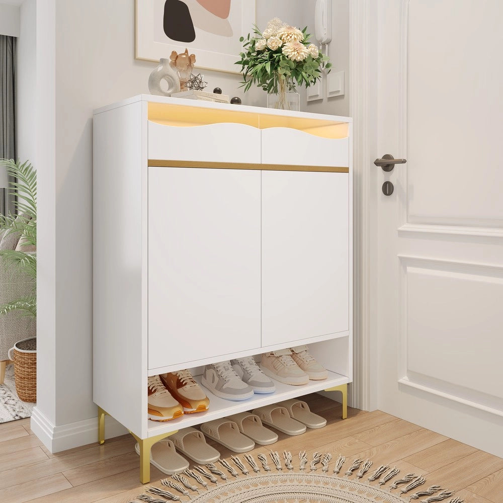 Scarpiera Moderna con LED ¨C MINIMAL ¨C Bianca, Cassetti e Ripiani, 80x35x105 cm